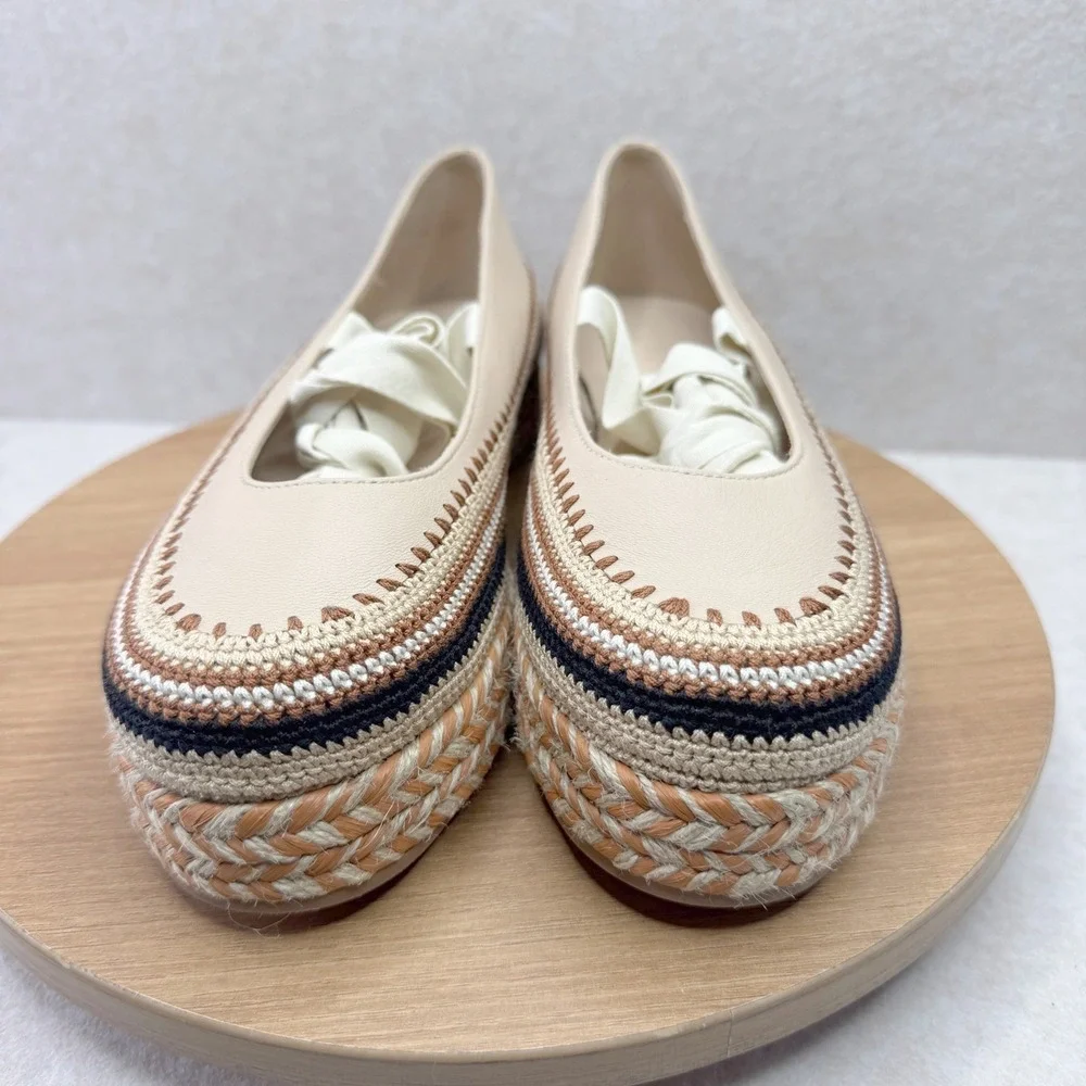 Ulla Johnson Espadrille Platform Flats Leather Woven Cream Size 38.5 8‎ - Picture 3 of 11